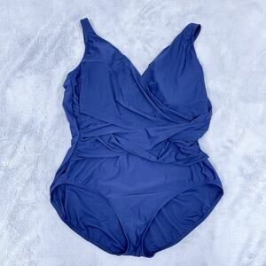 Lands End SlenderSuit Tummy Control Wrap One Piece Swimsuit Blue Womens 22W DD
